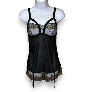 Adore Me Size Large Sheer Sequin Lingerie Black Gold Open Cups Sequins Straps
